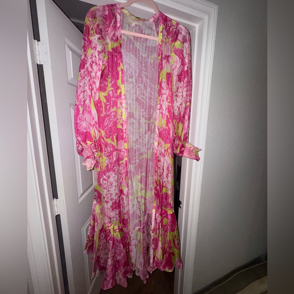 ROCCO SAND ziba coverup kimono neon pink and Green Long floral size XS - Picture 7 of 14